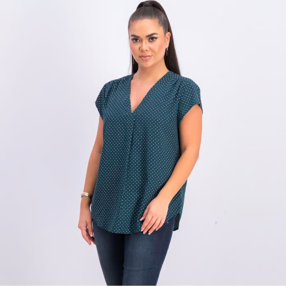 Polka Dot V-Neck Cap Sleeve Top - Teal